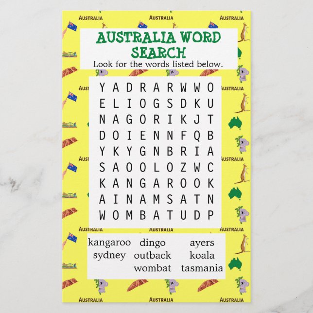 Yellow Australia word search paper (Front)