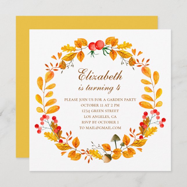 Yellow autumn garden. Girl fall birthday party Invitation (Front/Back)