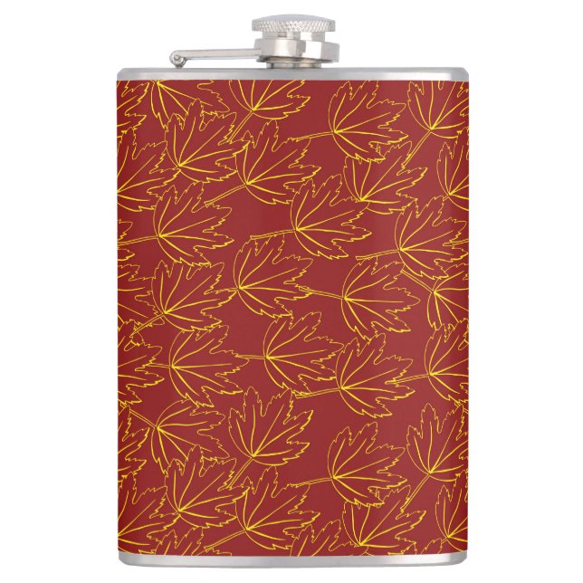 yellow autumn leaves pattern on brown hip flask (Front)