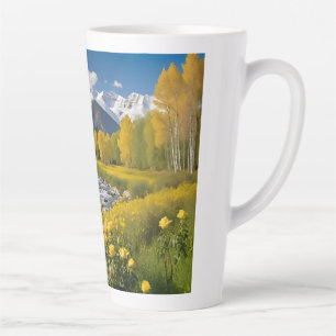 Yellow Autumn Snowy Mountains Aspen River Latte Mug