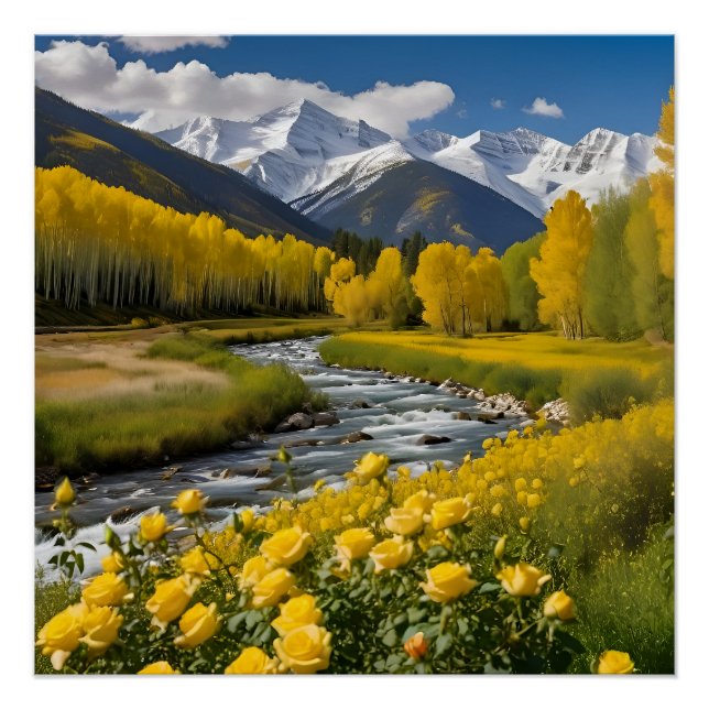 Yellow Autumn Snowy Mountains Aspen River Poster (Front)