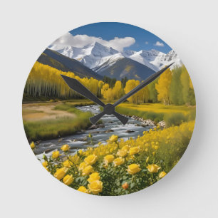 Yellow Autumn Snowy Mountains Aspen River Round Clock