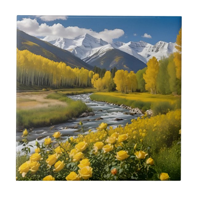 Yellow Autumn Snowy Mountains Aspen River Tile (Front)