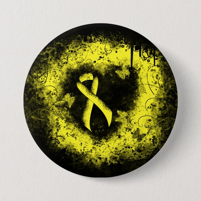 Yellow Awareness Ribbon Grunge Heart 7.5 Cm Round Badge (Front)