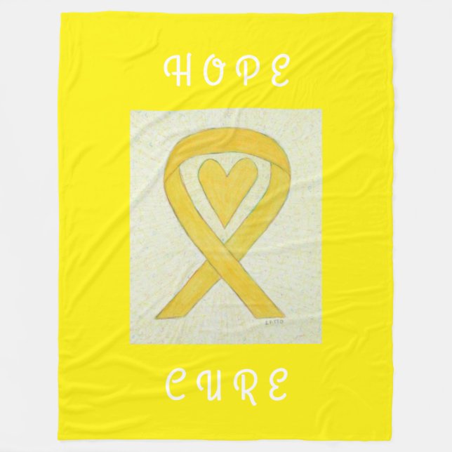 Yellow Awareness Ribbon Heart Art Fleece Blankets (Front)