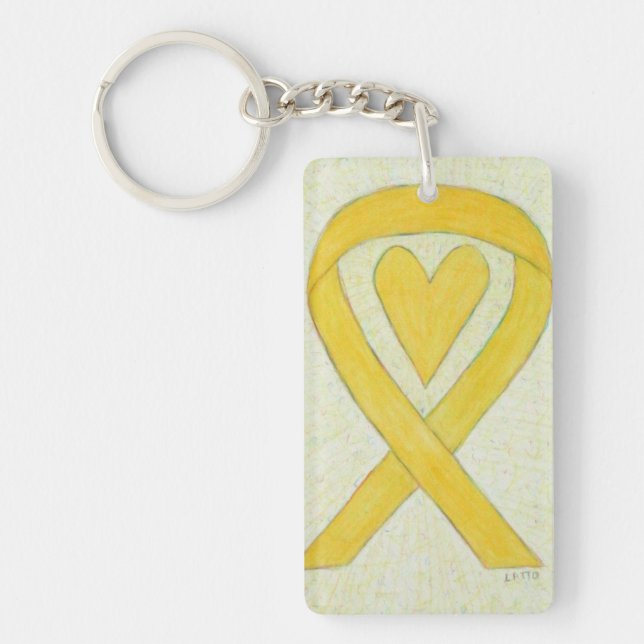 Yellow Awareness Ribbon Heart Custom Art Keychain (Front)