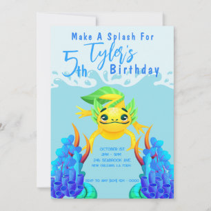 Yellow Axolotl Boy Underwater Aqua Birthday Party Invitation