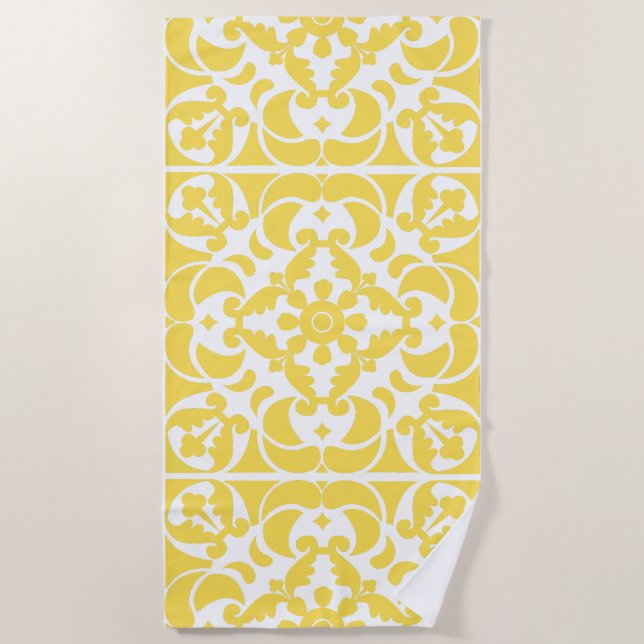 Yellow Azulejos Portuguese Spanish Mediterranean Beach Towel (Front)