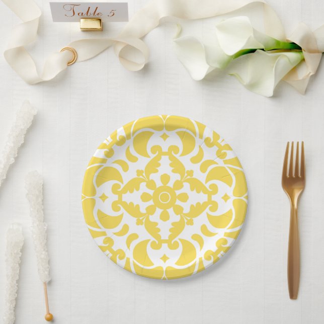 Yellow Azulejos Portuguese Spanish Mediterranean Paper Plate (Wedding)