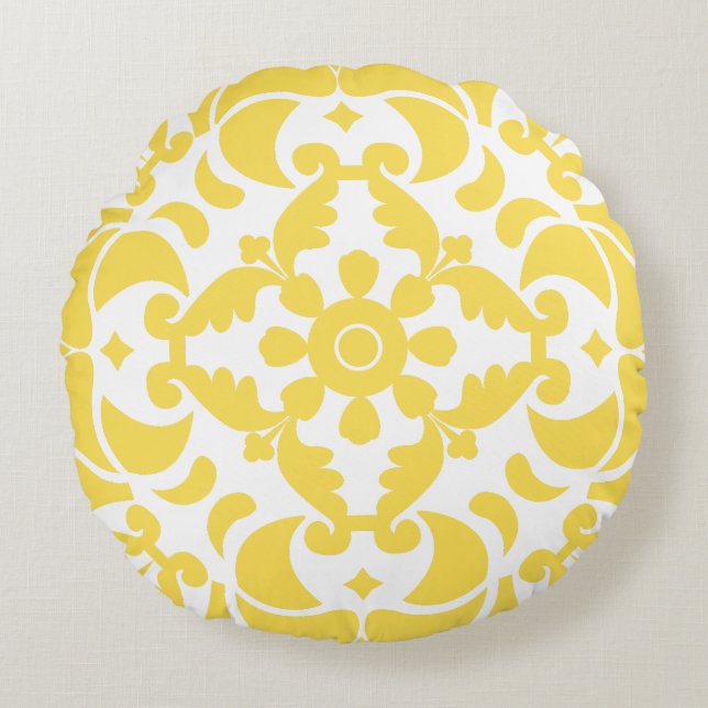 Yellow Azulejos Portuguese Spanish Mediterranean Round Cushion (Front)