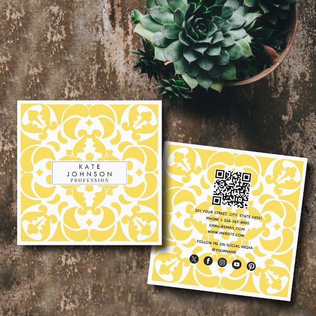 Yellow Azulejos Portuguese Spanish Mediterranean Square Business Card (Yellow Azulejos Portuguese Spanish Mediterranean Square Business Card)