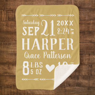 Yellow Baby Girl Birth Stats Keepsake Sherpa Blanket