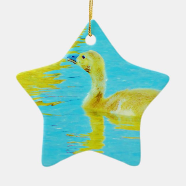 Yellow Baby goose with light blue water Ceramic Tree Decoration (Front)