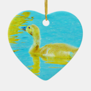 Yellow Baby goose with light blue water Ceramic Tree Decoration