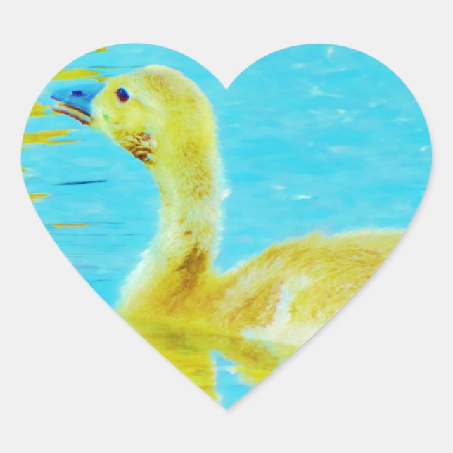 Yellow Baby goose with light blue water Heart Sticker (Front)