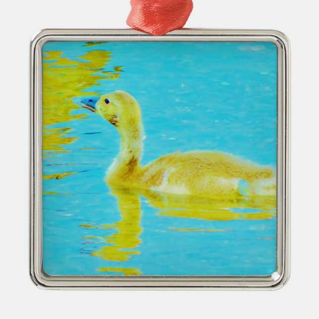 Yellow Baby goose with light blue water Metal Tree Decoration (Front)