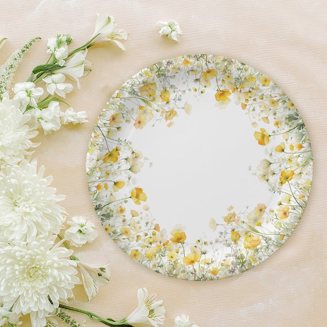 Yellow Baby In Bloom Floral Wildflower Baby Shower Paper Plate (Creator Uploaded)
