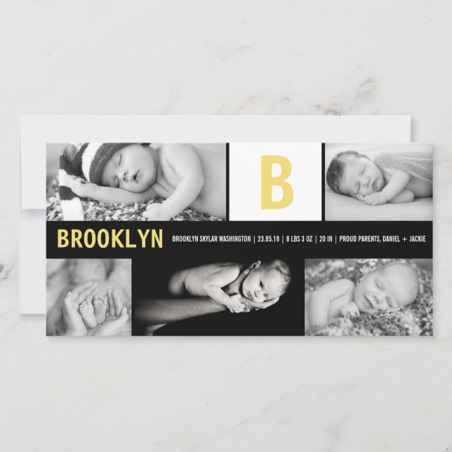 Yellow Baby Monogram 5 Photo Collage Modern Birth Announcement (Front)