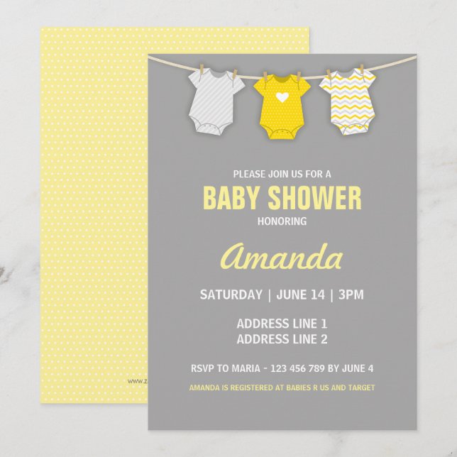 Yellow Baby Shower Invitation, Clothesline Theme Invitation (Front/Back)