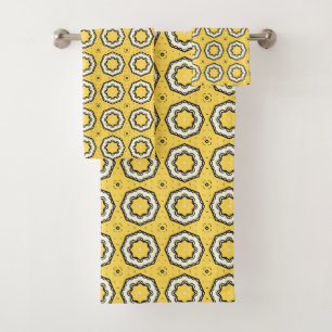 Yellow background black and white floral motif bath towel set