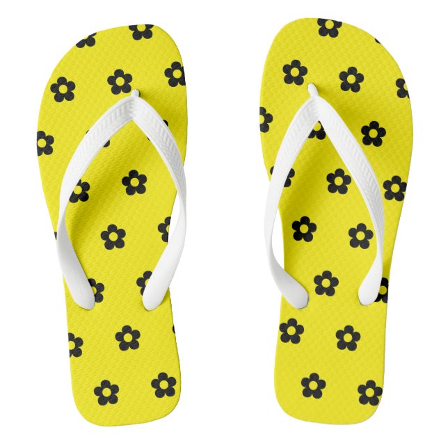 Yellow Background Black Flowers Beach Outing Tour Flip Flops (Footbed)
