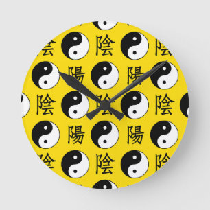 Yellow Background Chinese Yinyang Pattern Round Clock