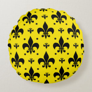Yellow Background Fleur-de-lis Pattern Design Round Cushion
