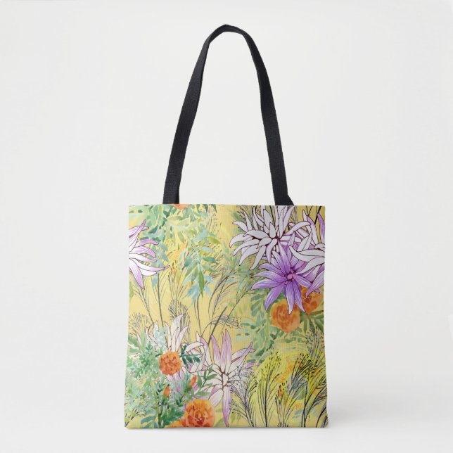 Yellow Background Floral Watercolor Pattern Tote Bag (Front)