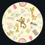 Yellow Background Toys 1" or 3" Baby Classic Round Sticker<br><div class="desc">A yellow background covered with baby toys,  monkey,  pyjamas,  shoe,  block,  flowers,  train,  clothesline with clothes,  etc.  
A cute sticker that matches some other items,  ie; a pouf pillow.  Choose whichever size you want,  this image will fit both.
Great for baby shower invites and announcements.</div>