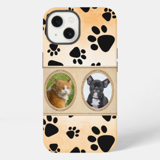 Yellow background with paws, custom pet photo iPhone 13 case