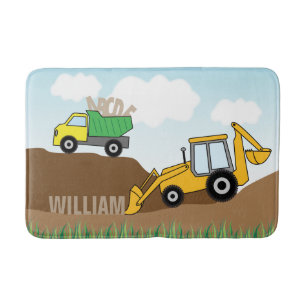 Yellow Backhoe and Dump Truck Personalised Bath Mat