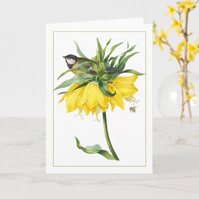 Yellow Backyard Bird on a Stem of Yellow Flowers Card (Yellow Flower)