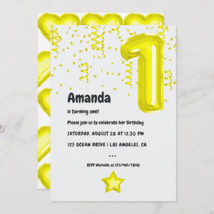 Yellow Balloon 1st Birthday Party Invitation