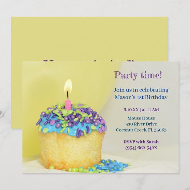 Yellow Balloon blue cupcake Birthday Invitation (Front/Back)