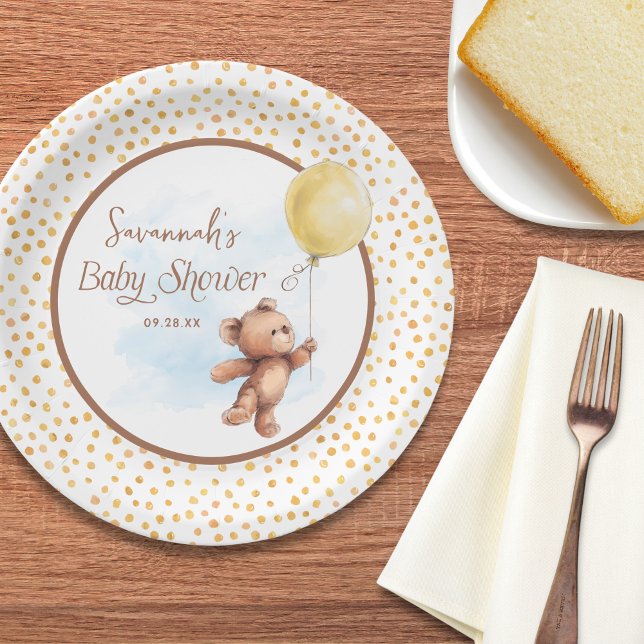 Yellow Balloon  Teddy Bear Baby Shower Paper Plate (Creator Uploaded)