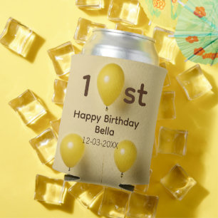 Yellow balloons 1st birthday add name date text can cooler
