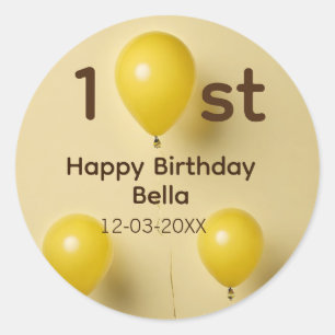 Yellow balloons 1st birthday add name date text classic round sticker