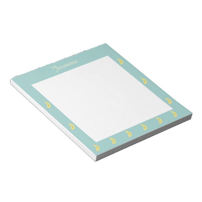 Yellow banana drawing blue pattern personalised notepad (Angled)