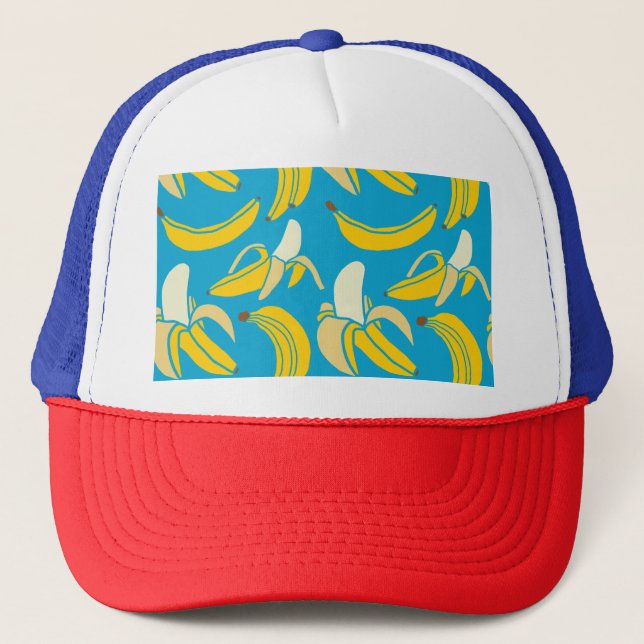 Yellow bananas, blue background pattern trucker hat (Front)