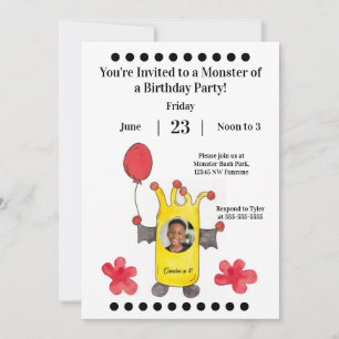 Yellow Bat Monster Kids Photo Birthday Invitation