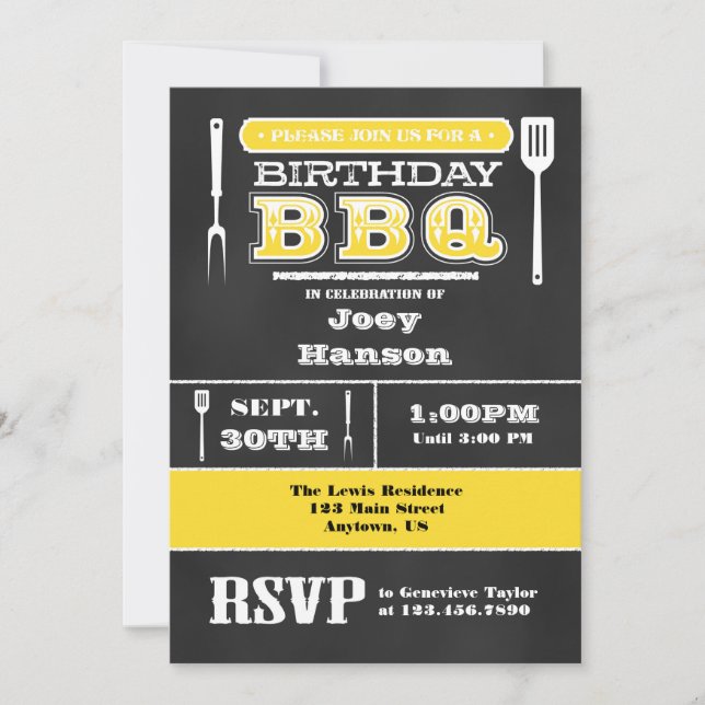 Yellow BBQ Birthday Chalkboard Invitation (Front)
