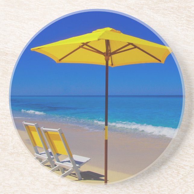 Yellow beach umbrella and chairs on pristine coaster (Front)