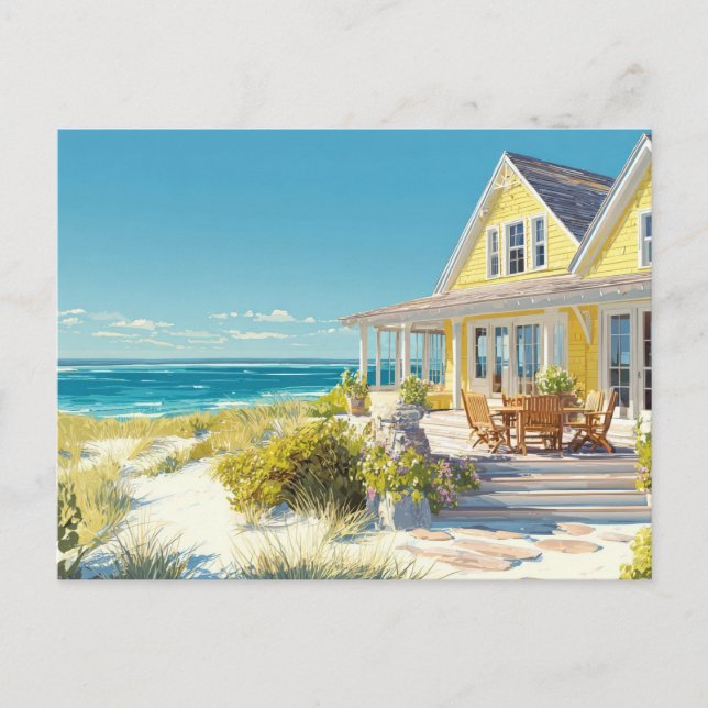 Yellow Beachhouse Coastal Art Postcard  (Front)
