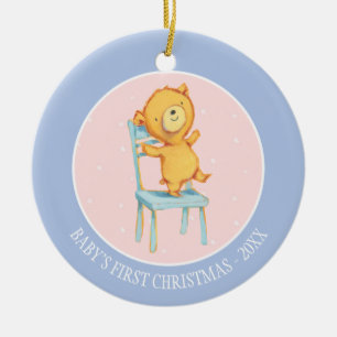 Yellow Bear Dances and Plays on Chair Ceramic Tree Decoration
