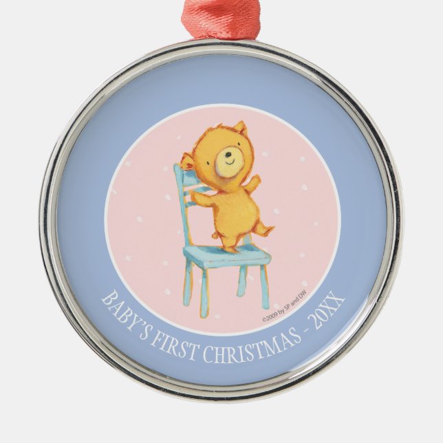 Yellow Bear Dances and Plays on Chair Metal Tree Decoration (Front)