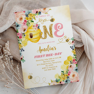 Yellow Bee 1st Birthday - Pink Floral Invitation
