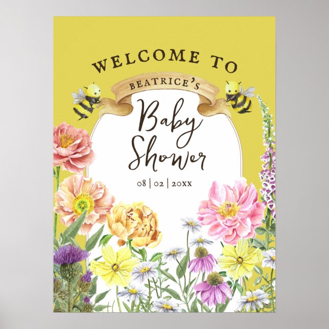 Yellow Bee and Wildflower Baby Shower Welcome Poster (Front)