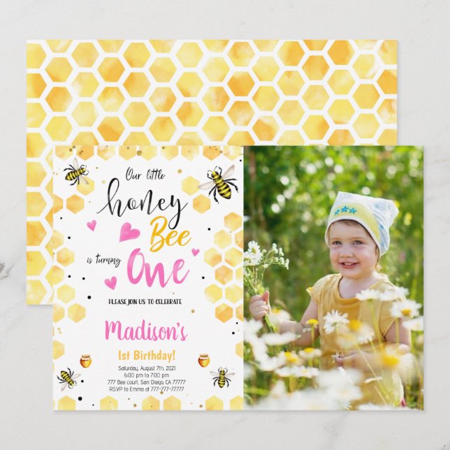 Yellow Bee Photo Invitation (Front/Back)