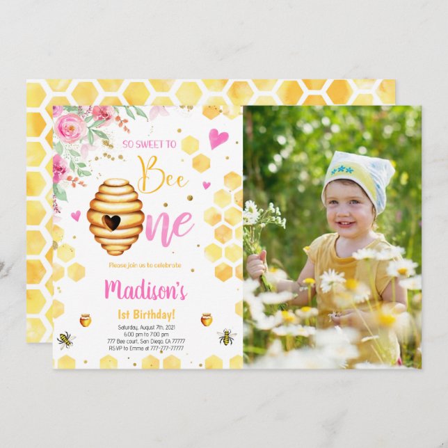 Yellow Bee Photo Invitation (Front/Back)