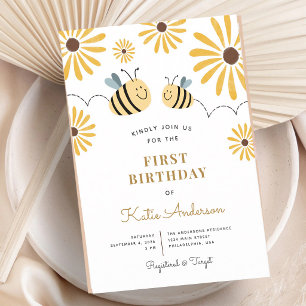 Yellow Bee Sunflower First Birthday Invitation
